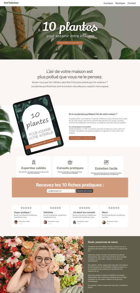 Exemple de landing page nature Ebook lead magnet